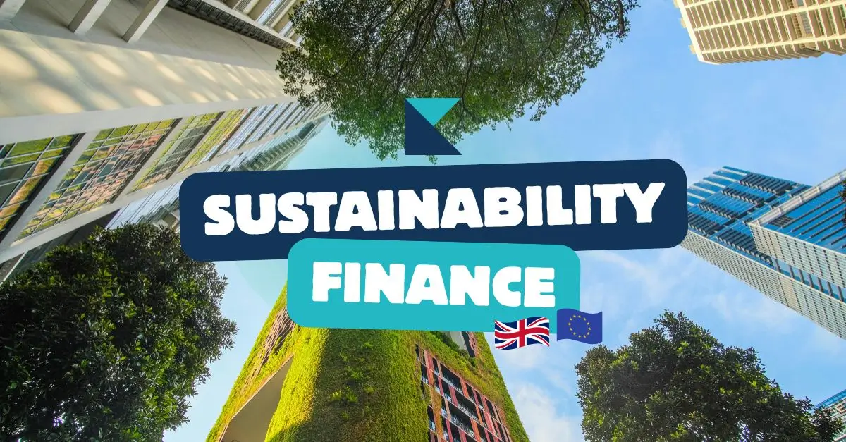 Sustainability finance title illustrated with surrounded of corporate buildings covered in greenery